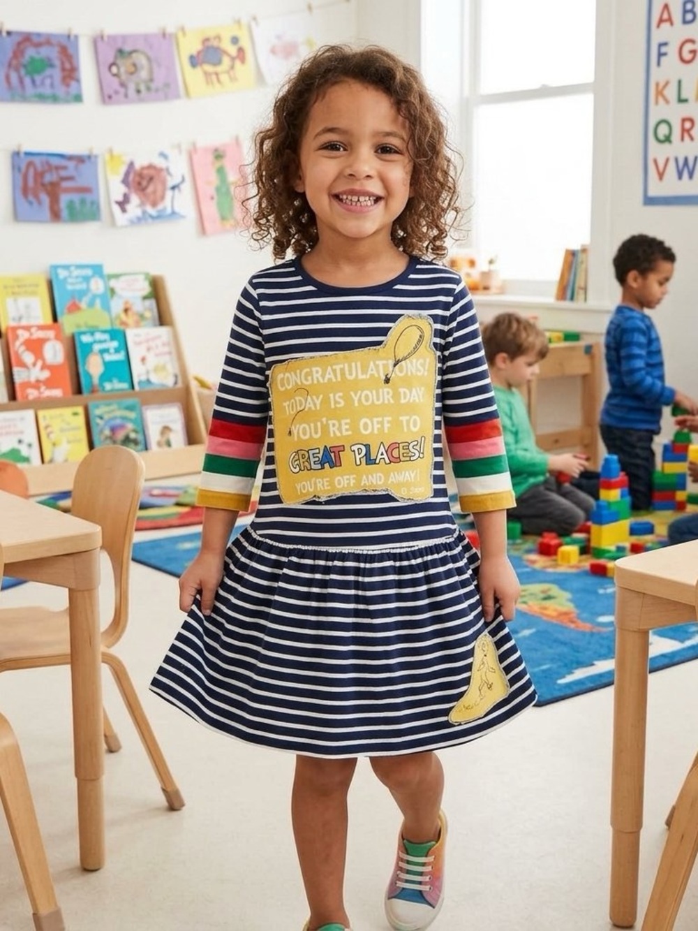 mini Boden 5-6Y Stripe Dr Seuss Oh the Places Custom Yellow Appliqué Dress
